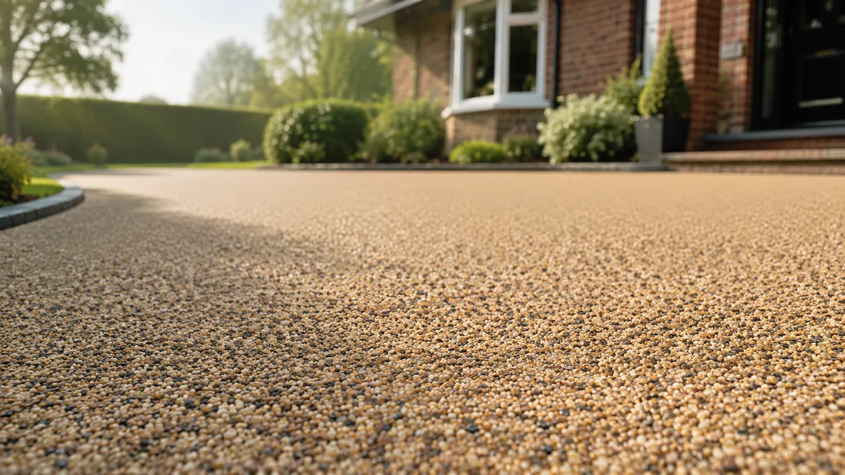 Resin-bound driveway in a warm natural-stone blend outside a brick home