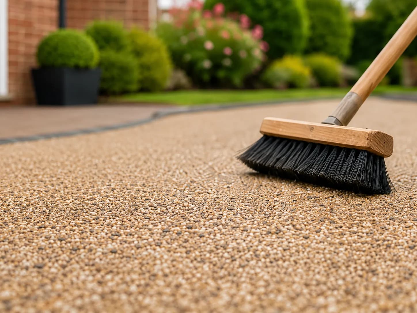 Sweeping a resin-bound driveway clean with a stiff broom