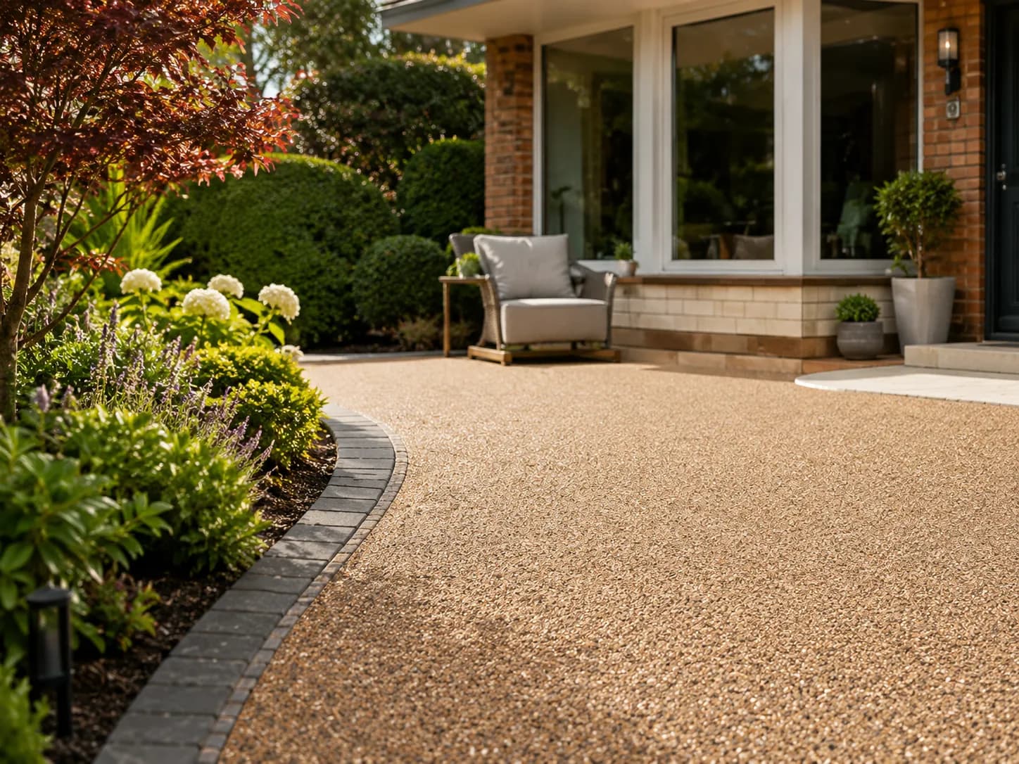 Finished resin patio and path with planting and garden seating