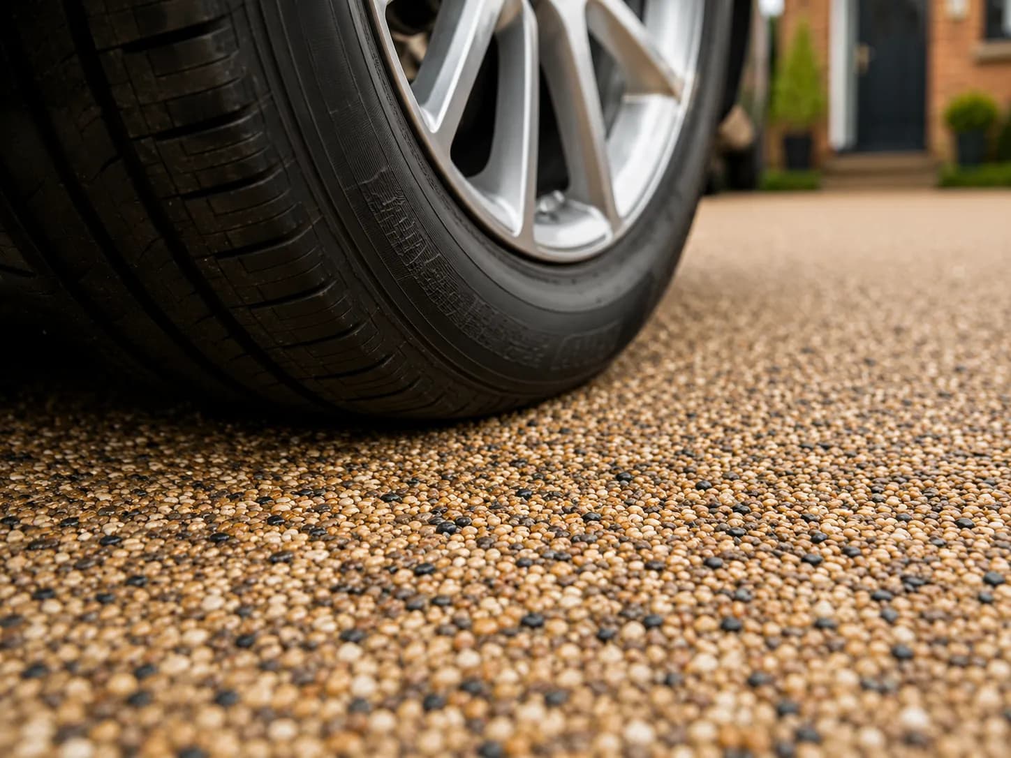 Car tyre resting on a hard-wearing resin-bound driveway