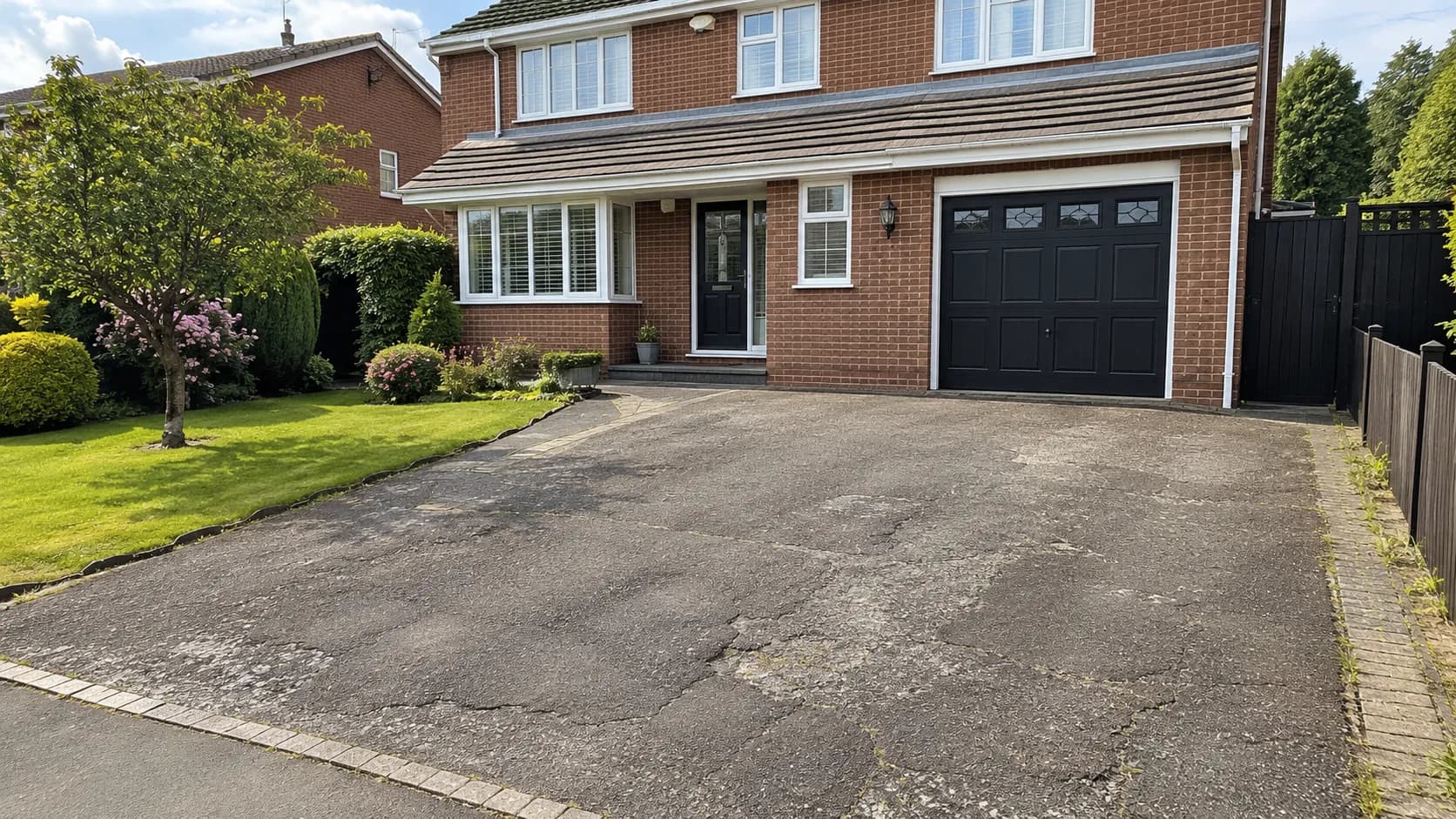 A driveway with worn, cracked tarmac before resin is applied